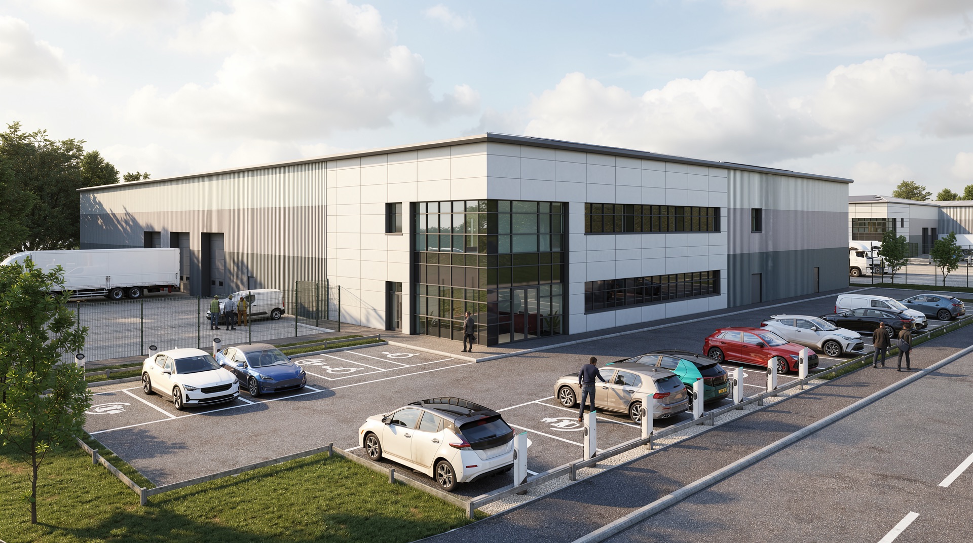 Computer-generated view of a completed Arrow Point unit, showing the two-storey glazed office entrance, loading doors and EV charging bays.